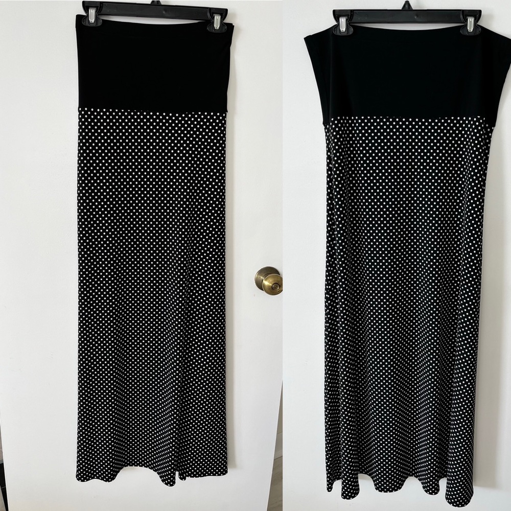Black polka dot print maxi skirt. Can be worn as a dress.